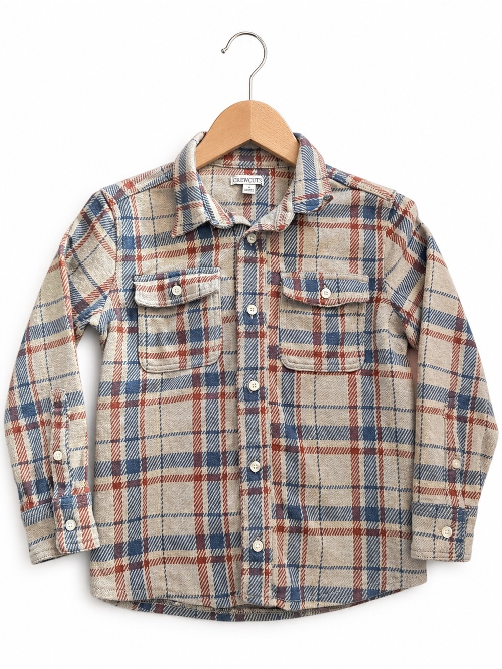 Crewcuts Beige Plaid Flannel Button-Down Shirt with Blue & Rust Stripes - Picture 2 of 5